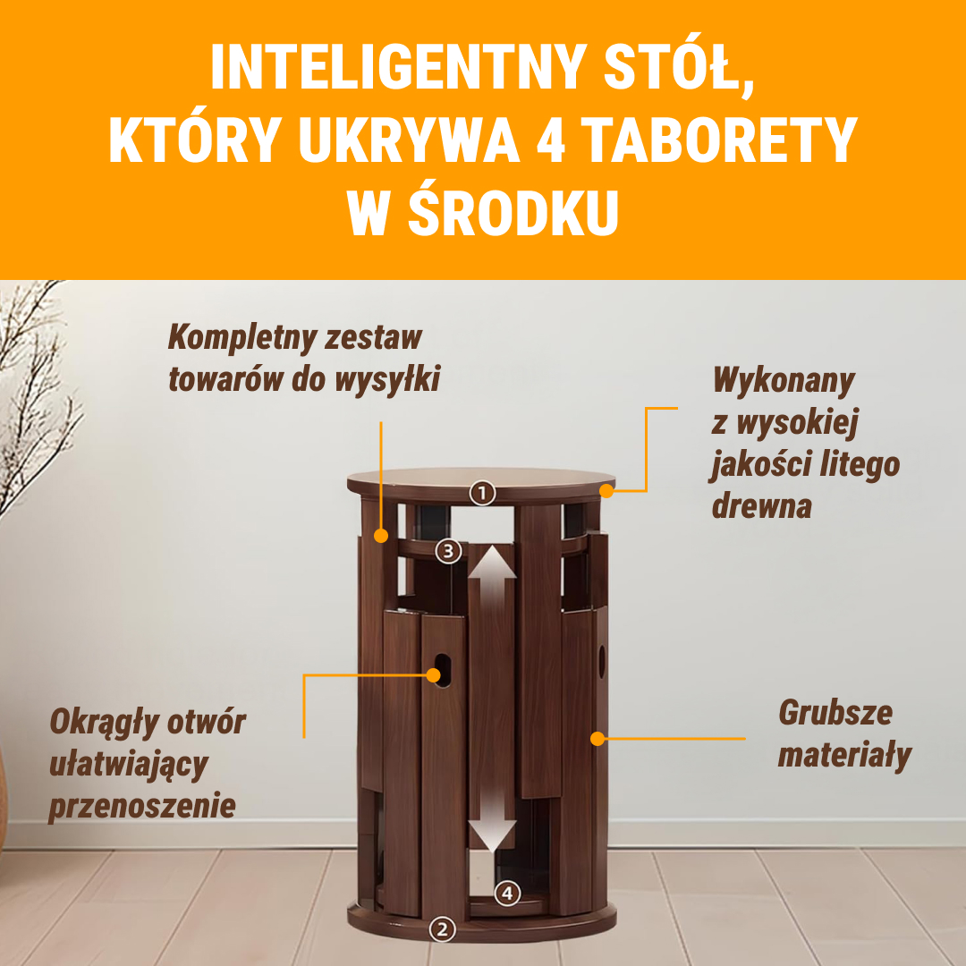 Quado™ - Wielofunkcyjny stolik 4-w-1 z taboretami z litego drewna